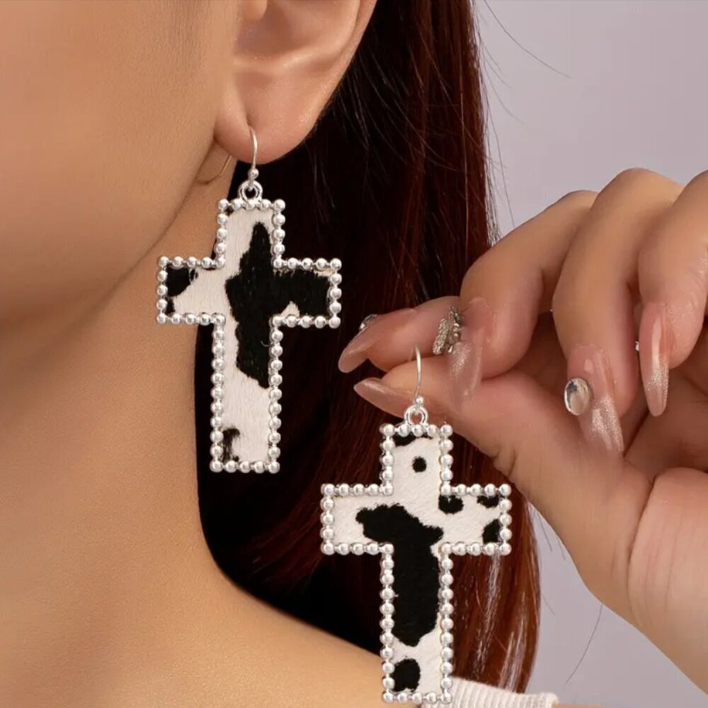 NEW Cow print cross earrings, animal print earrings, cross jewelry, faith gift